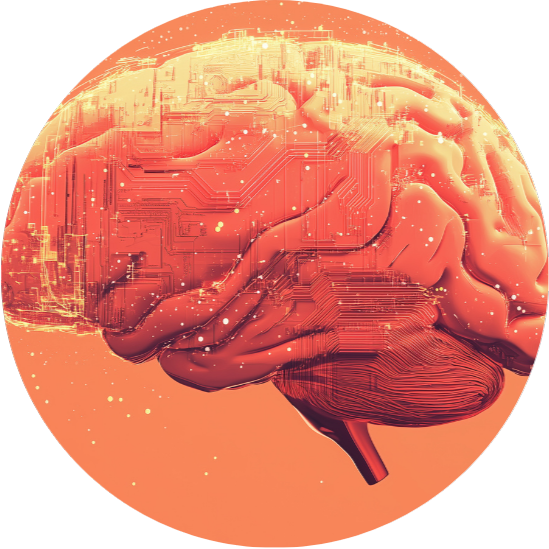 eine dekorative Abbildung in orangetönen, die ein menschliches Gehirn zeigt umgeben von Datenströmen
