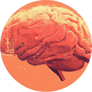 DaDiSC1 eine dekorative Abbildung in orangetönen, die ein menschliches Gehirn zeigt umgeben von Datenströmen